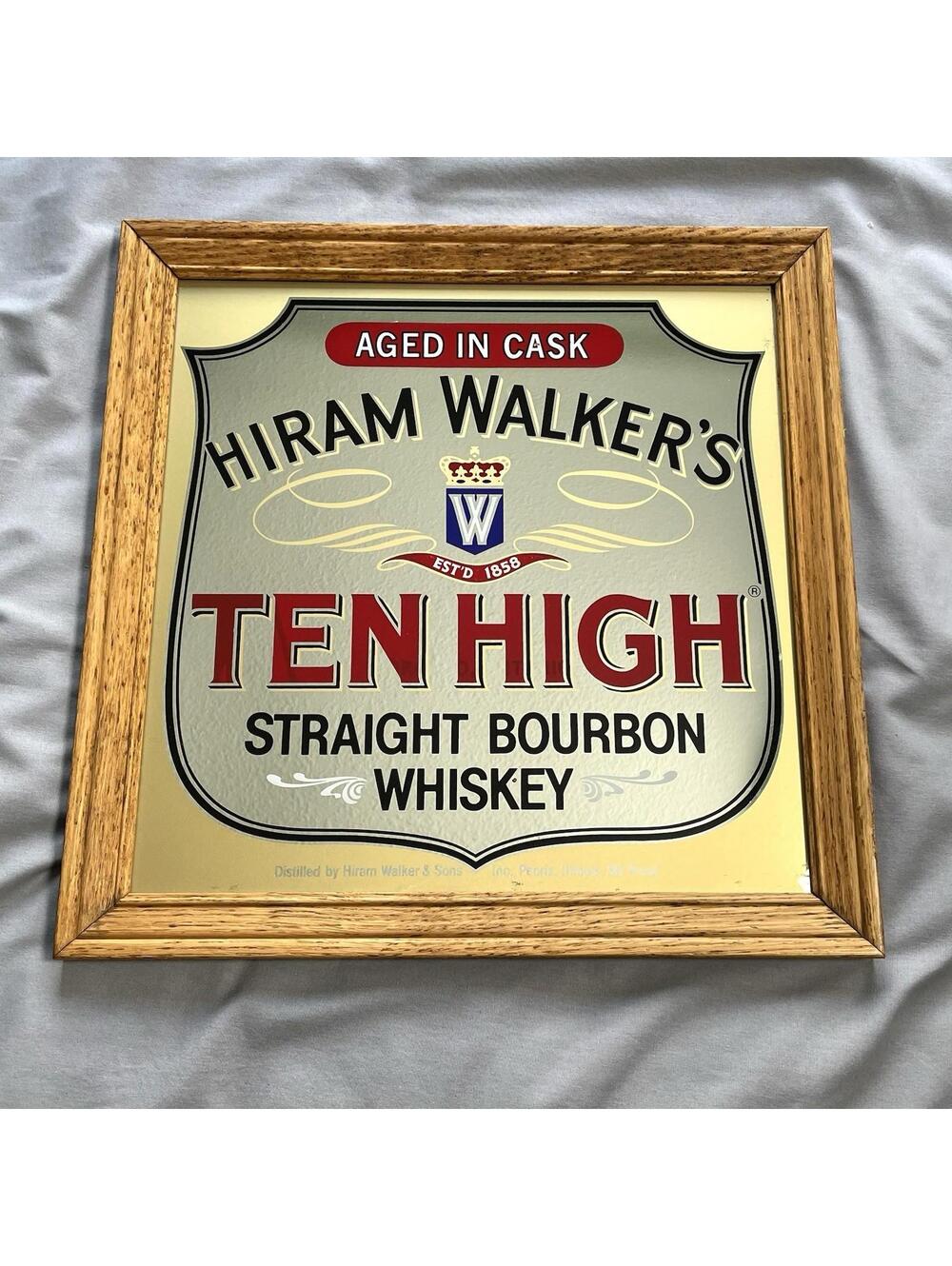 HIRAM WALKER'S Ten High VINTAGE Bar Mirror Advertisement Sign Wood Framed 16.5"